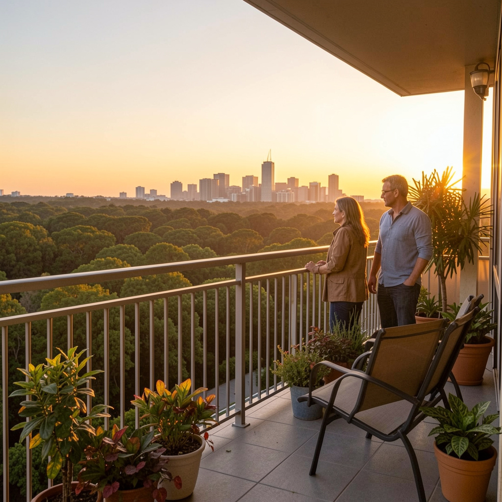 Pareja madura disfrutando la vista de un bosque urbano desde la terraza de su residencia
